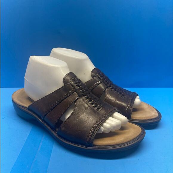 Clarks Bendables Sandals Women's Slip On Wedge Slide Brown Leather Size 10 W - Picture 1 of 11